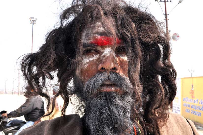 Culture- Aghori Sadhu, Uttar Pradesh (India). - Close-up of a Aghori Sadhu with long hairs, wearing rudraksha bead at Mahakumbh, Allahabad, Uttar Pradesh, India. by Anil