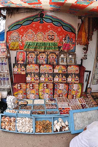 Festivals- Jagannath Rath Yatra (Odisha) - Memento of Lord Jagannath, Balbhadra and Subhadra on display at the shop near Lord Jagannath Temple at Puri, Odisha, India. by Anil