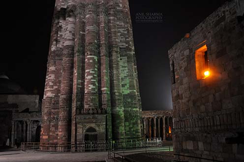 Monuments- Qutab Minar in Night, New Delhi, India. - Qutub Minar a UNESCO World Heritage Site in night at Qutub Minar Complex, Mehrauli , New Delhi, India. by Anil