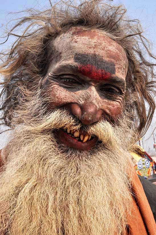 Culture- Aghori Sadhu, Uttar Pradesh (India). - Smile of an old Aghori Sadhu with long hairs, ash on face at Mahakumbh Prayag, Allahabad, Uttar Pradesh (India). by Anil