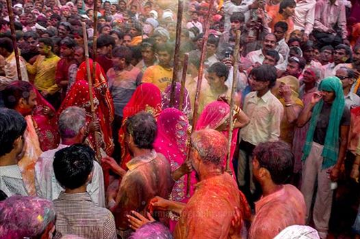 Lagre number of people gathered to celebrate Lathmaar Holi at Barsana, Mathura, Uttar Pradesh, India.