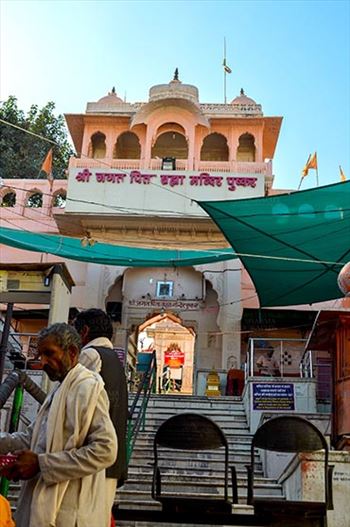 Pushkar, Rajasthan, India- January 16, 2018: The entrance of Brahma Temple at Pushkar, Rajasthan, India.