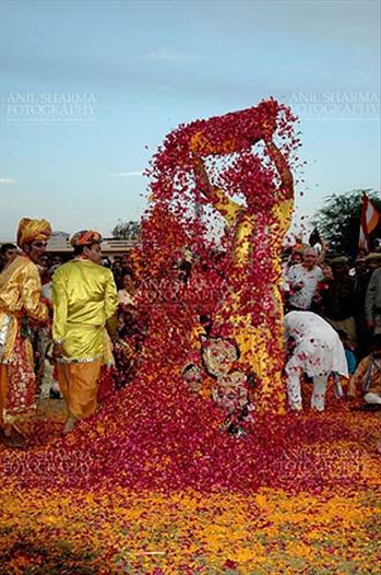 Local people sprinkling rose and merigold petals on Radha-Krishana at Holi and Elephant Festival at jaipur, Rajasthan (India).