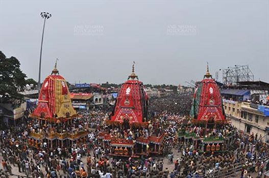 The chariots of Lord Jagannath, Balbhadra and Subhadra traditionally decorated, parked in front of the Jagannath temple at Puri, Odisha, India.