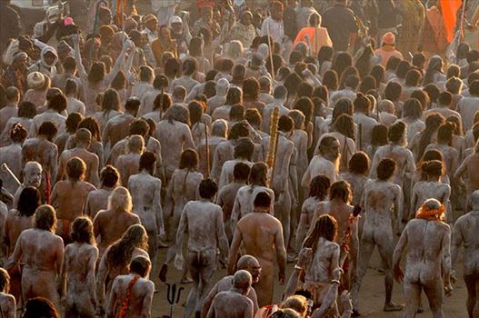 Religion- Naga Sadhu’s at Mahakumbh (India) - Naga sadhus are followers of Lord Shiva, they have knotted hair and they remain nude, their bodies are smeared with ashes and attend Kumbh mela under their respective akharas.
