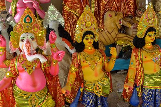 Durga Puja Festival, Noida, Uttar Pradesh, India- September 21, 2017: Clay idols of Hindu Gods and Goddess in a workshop at Noida, Uttar Pradesh, India.