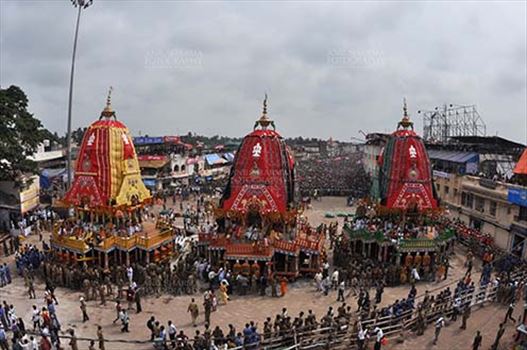 The chariots of Lord Jagannath, Balbhadra and Subhadra traditionally decorated, parked in front of the Jagannath temple at Puri, Odisha, India.