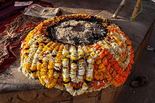 Beautifully designed fire place with marigold garlands on ghat at Varanasi, Uttar Pradesh, India.