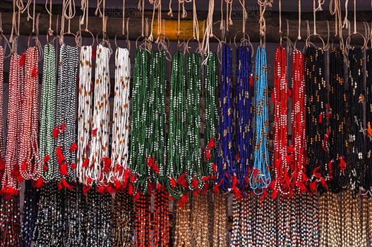 Baneshwar, Dungarpur, Rajasthan, India- February 14, 2011: Necklaces, beads, jewelry, gemstones, bracelets, earrings, bangles shop at Baneshwar, Dungarpur, Rajasthan, India