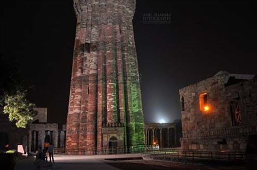 Qutub Minar a UNESCO World Heritage Site in night at Qutub Minar Complex, Mehrauli , New Delhi, India.