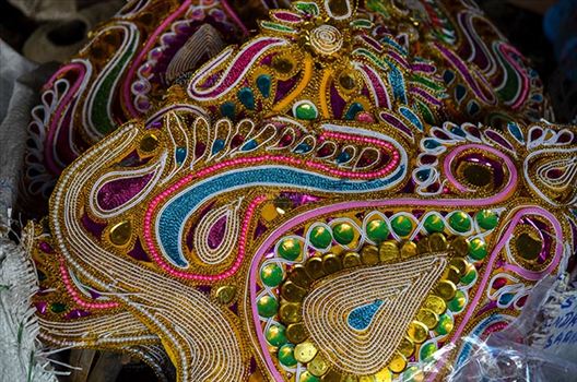 Durga Puja Festival, Noida, Uttar Pradesh, India- September 21, 2017: Art and decorative material used to make Hindu Gods and Goddess idols at Noida, Uttar Pradesh, India.