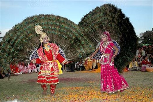 Rajasthani folk artists performing Radha-Krishna's peacock dance at Holi and Elephant Festival at jaipur, Rajasthan (India).
.