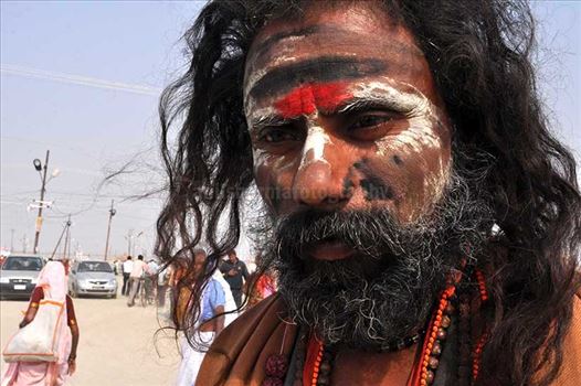 Culture- Aghori Sadhu, Uttar Pradesh (India). - Aghori Sadhu with long hairs, ash and tilak on face wearing rudraksha bead at Mahakumbh mela, Allahabad, Uttar Pradesh, India.