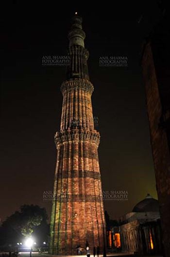 The Beauty of Qutub Minar in night at Qutub Minar Complex, Mehrauli , New Delhi, India.