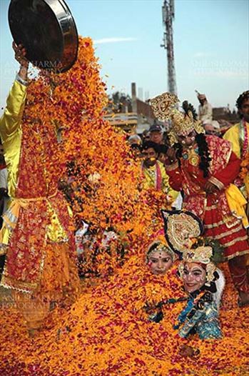 People sprinkling rose and merigold petals on Radha-Krishana at Holi and Elephant Festival at jaipur, Rajasthan (India).
.