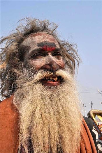 Culture- Aghori Sadhu, Uttar Pradesh (India). - Smile of an old Aghori Sadhu with long hairs, ash on face at Mahakumbh Prayag, Allahabad, Uttar Pradesh (India).