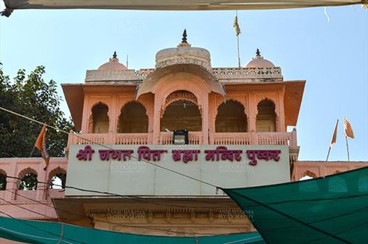 Pushkar, Rajasthan, India- January 16, 2018: Front view of the Brahma Temple at Pushkar, Rajasthan, India.